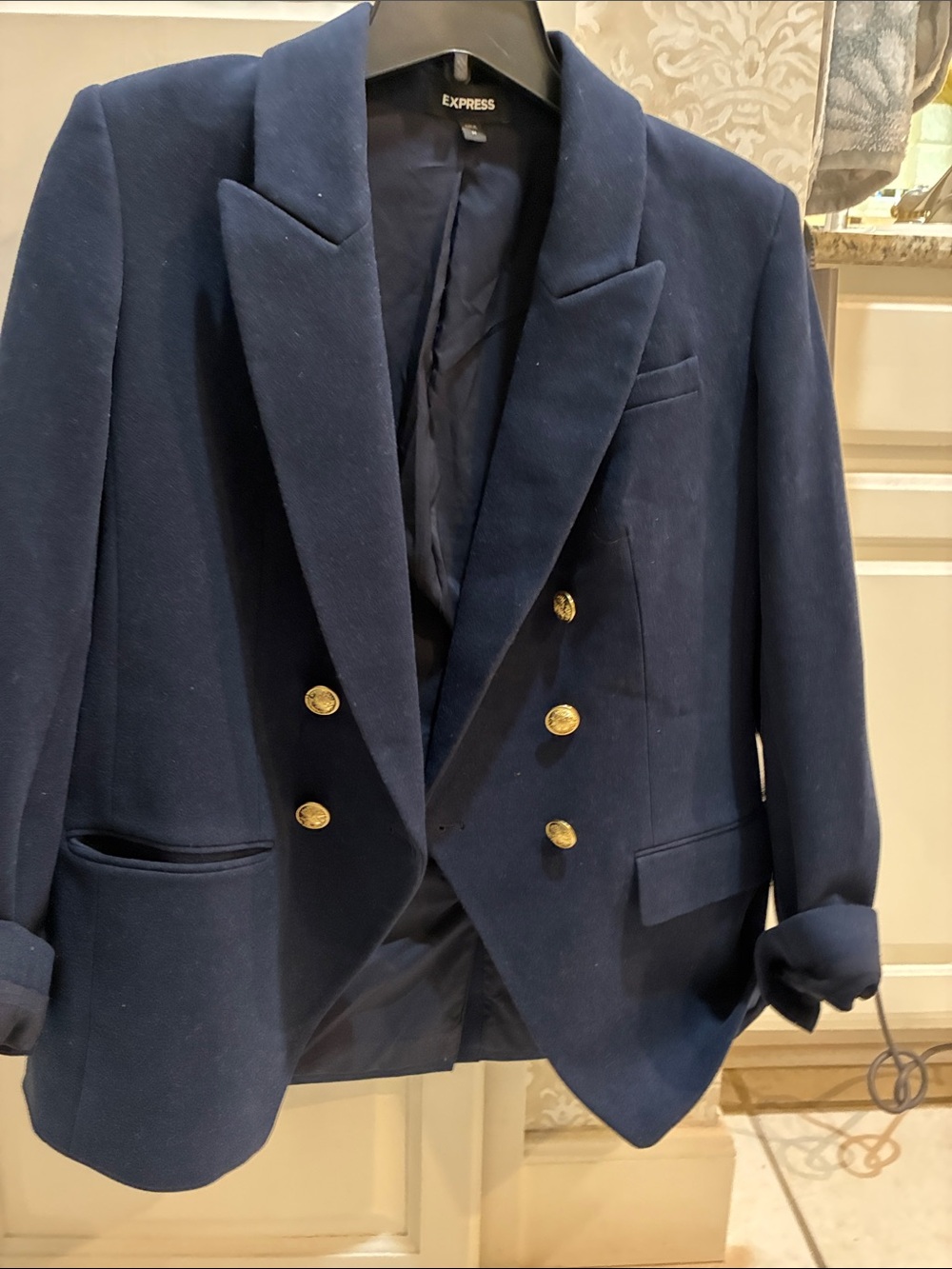 Express Navy Double-Breasted Pea Coat with Gold Buttons - Picture 2 of 3